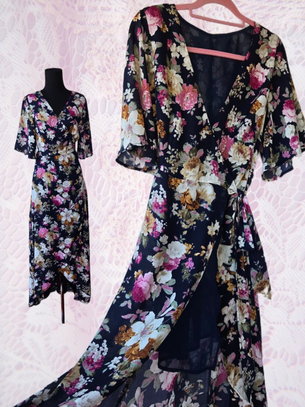 Wrap Dress Rose and Lily Floral Print Ethereal Cottagecore Fairycore
